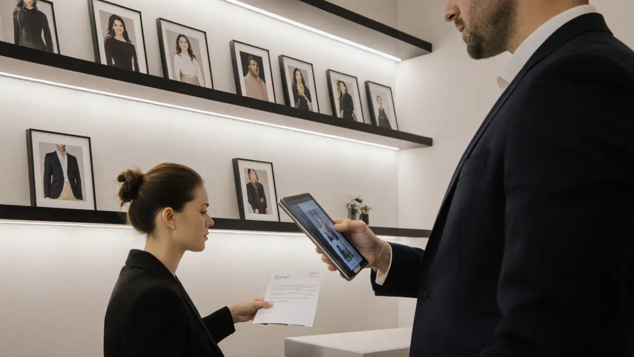 A client reviewing an escort profile on a tablet in a professional Parisian agency office.