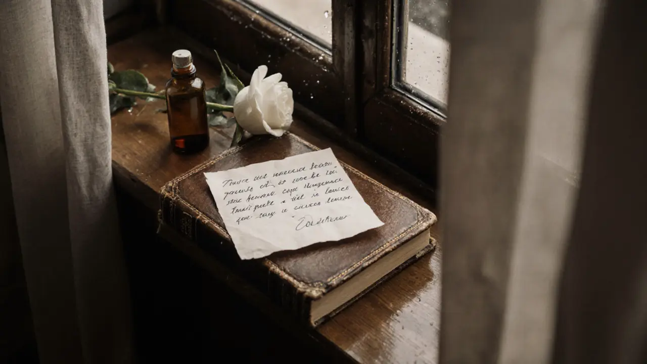 A handwritten note, a book, and lavender oil on a windowsill with morning light.