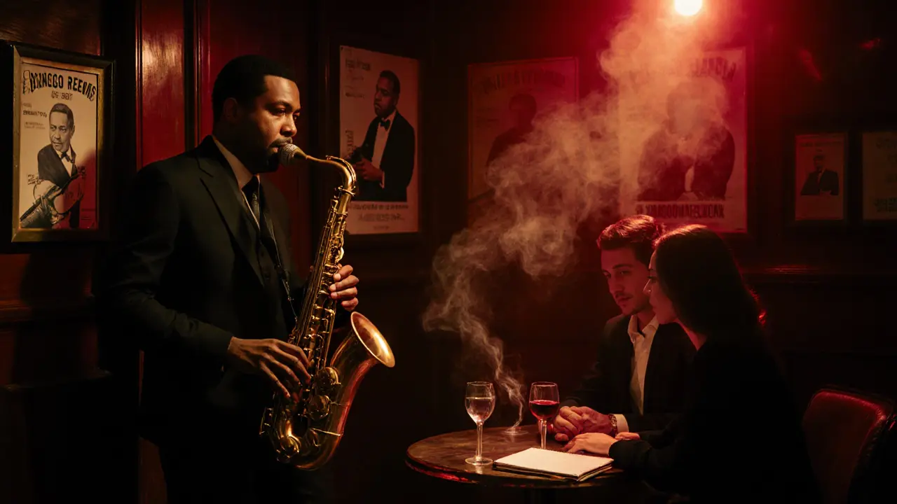 A jazz musician plays in a dimly lit Paris club, couple listening intently at a small table.