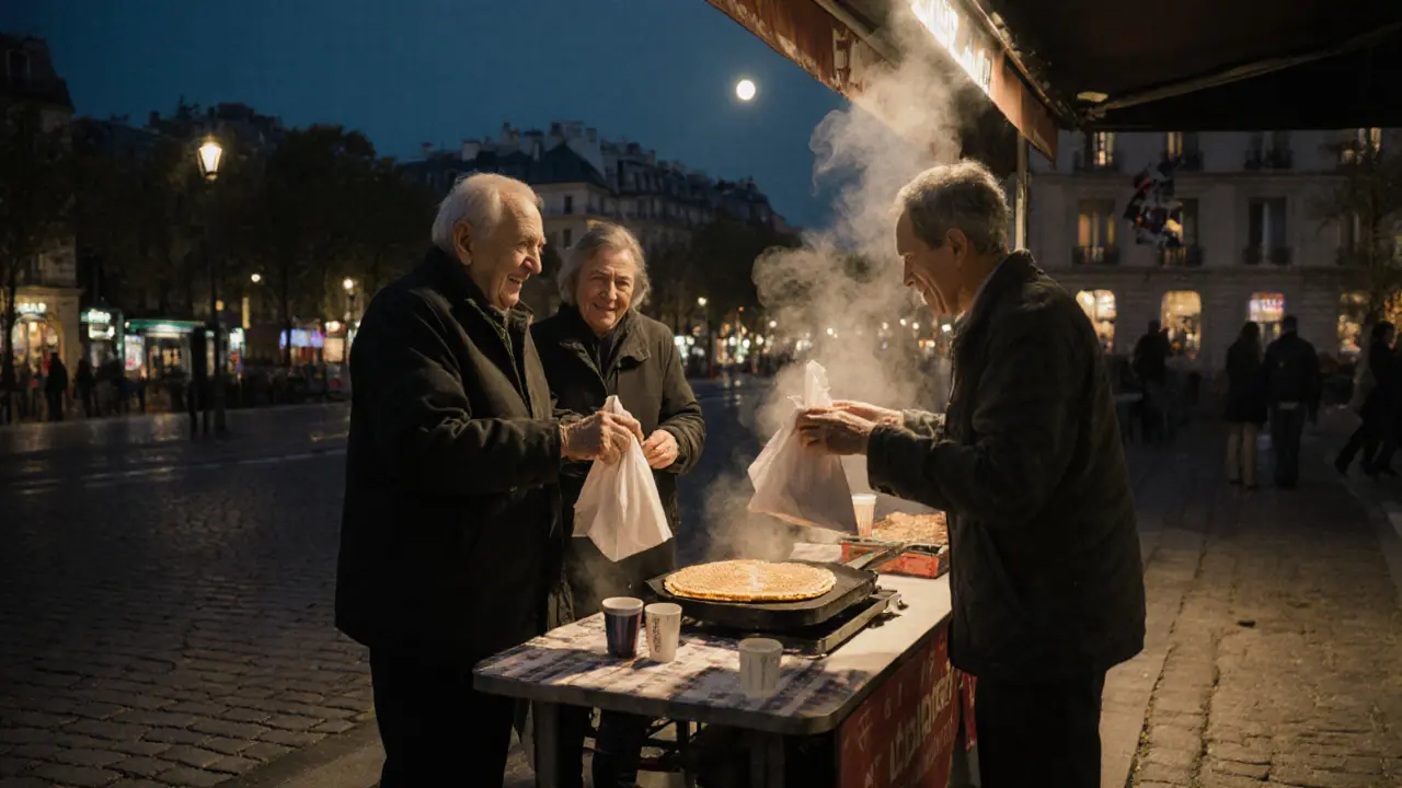 An elderly couple serving crepes at a midnight stand, traveler smiling with a paper bag.