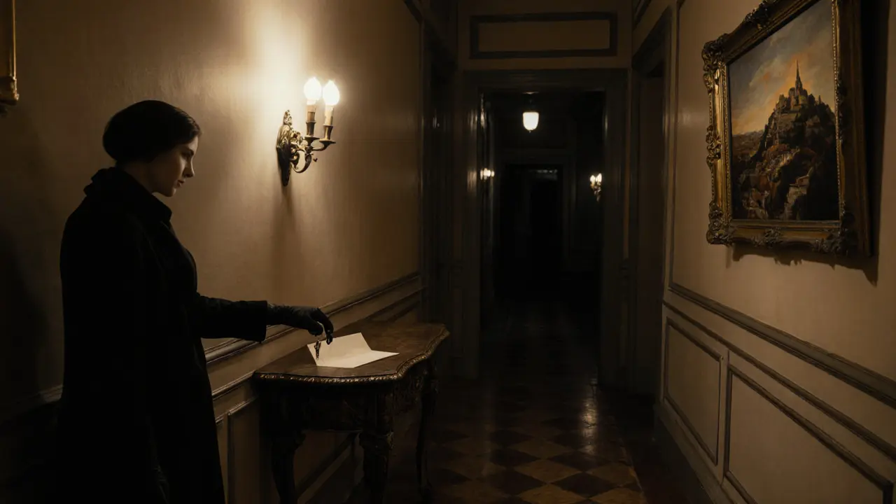 An empty historic hallway in Paris with a key left on a console table, hinting at a departed guest in dramatic shadowy light.