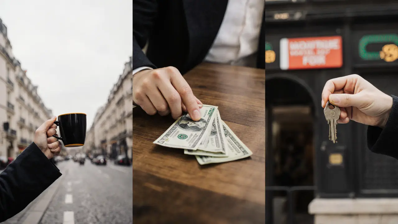 Anonymous hands in Paris performing small acts of transaction—coffee, cash, a key—against blurred cityscapes.