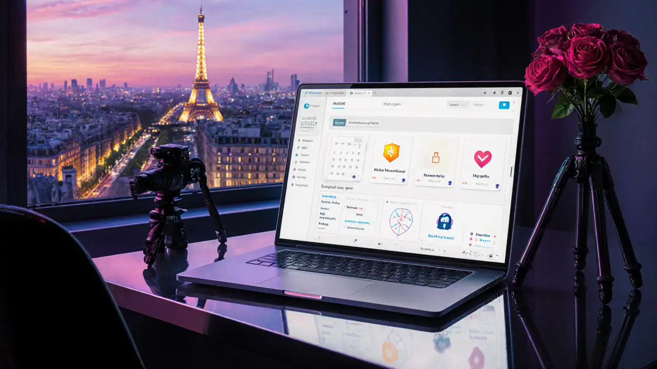Apartment desk with laptop showing a sleek escort platform UI, neon lighting and Paris skyline.