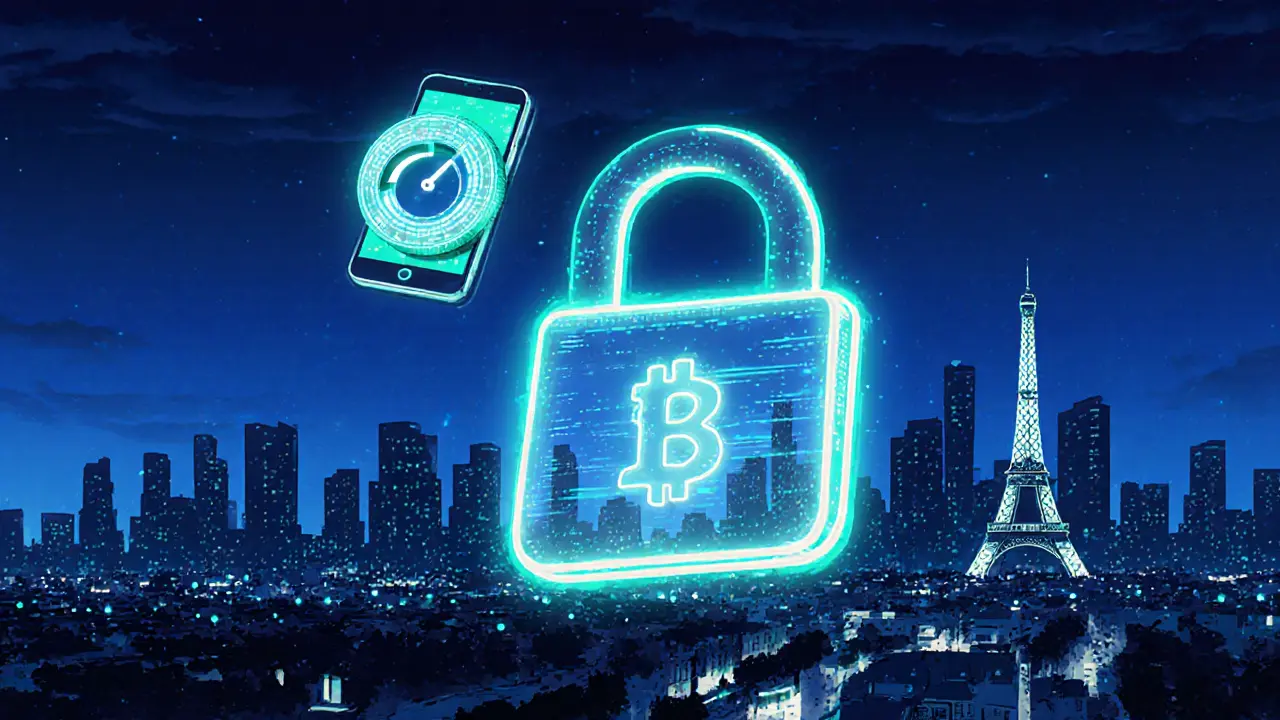 Artistic illustration of Paris skyline with a glowing lock, crypto wallet, and phone timer symbolizing digital safety.