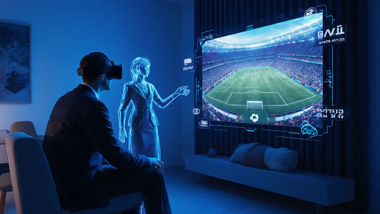Client in VR headset interacts with holographic escort avatar at a futuristic sports scene.