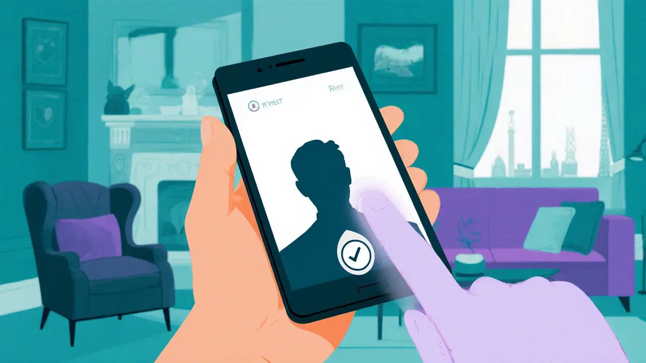 Close-up of a phone showing a blurred video call verification badge in a private apartment setting.