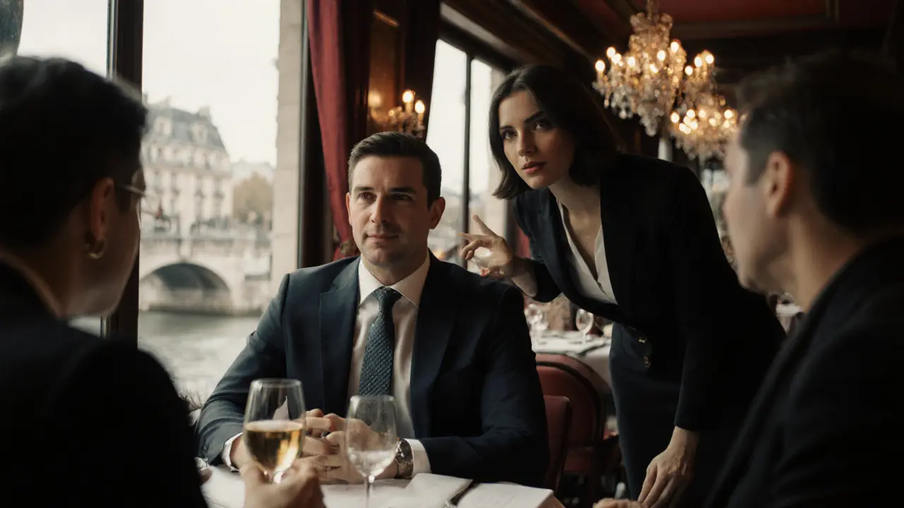 Companion introduces executive to client at upscale Paris restaurant, providing translation.