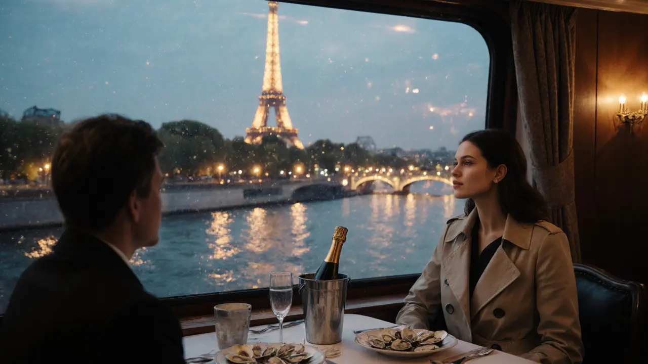 Couple on a Seine dinner cruise watching the Eiffel Tower sparkle with champagne nearby.