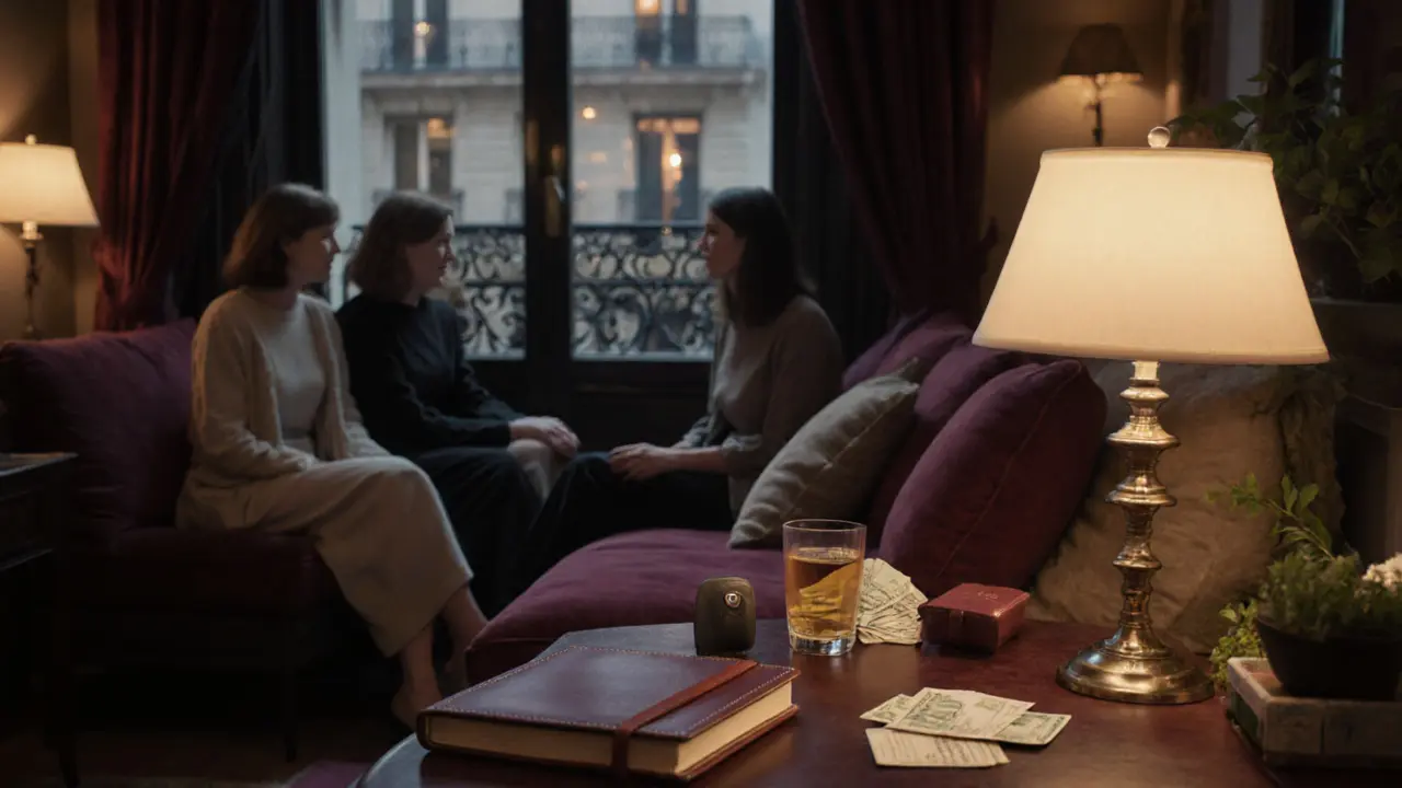 Cozy apartment with self‑care items on a table and a supportive group of women chatting.