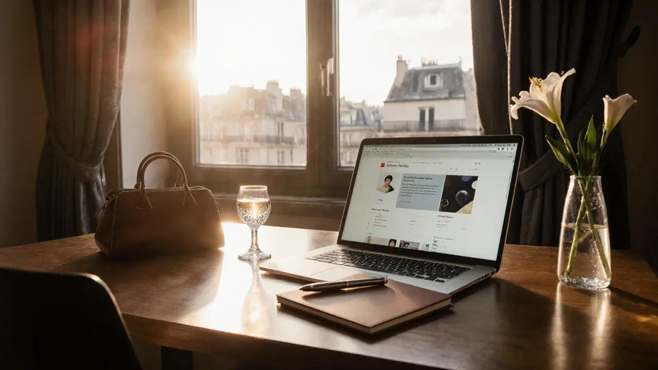 Desk by a Paris window with laptop, notebook, wine glass and handbag, suggesting professional organization.