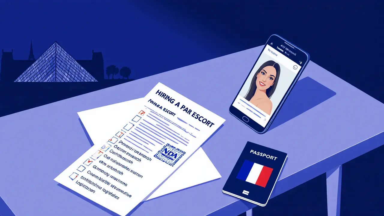 Desk with NDA, checklist, passport, and companion profile, illustrating safety and professionalism.