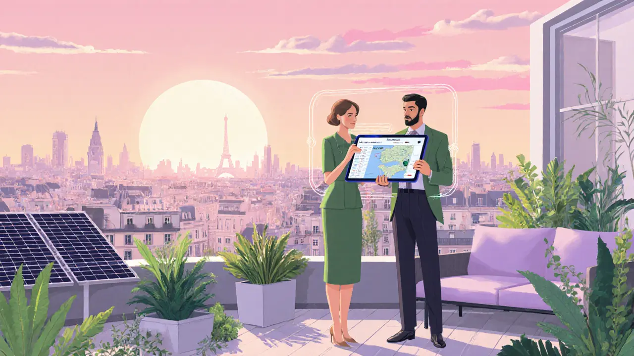 Eco‑friendly rooftop garden with escort, traveler, and tablet showing a digital itinerary at sunrise.