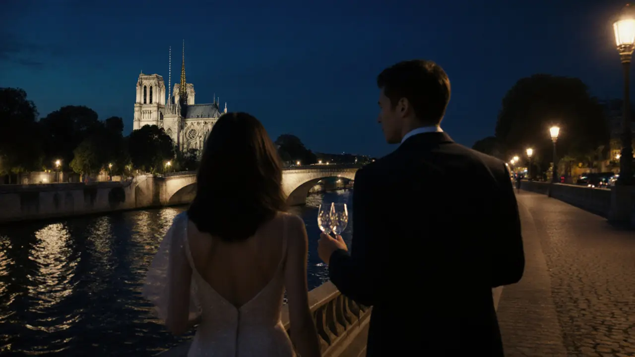 Elegant couple walking by the Seine at night, holding wine glasses under city lights.