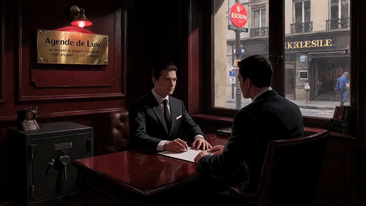 Elegant Paris office with signage, escrow icons, and a person filing a report at a police desk.
