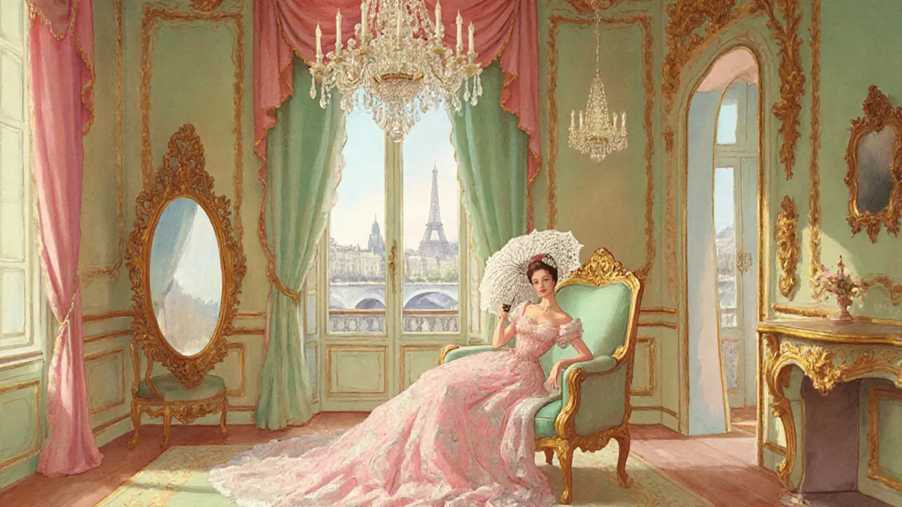 Elegant woman in pastel Rococo dress posed in an ornate Paris salon with daylight.