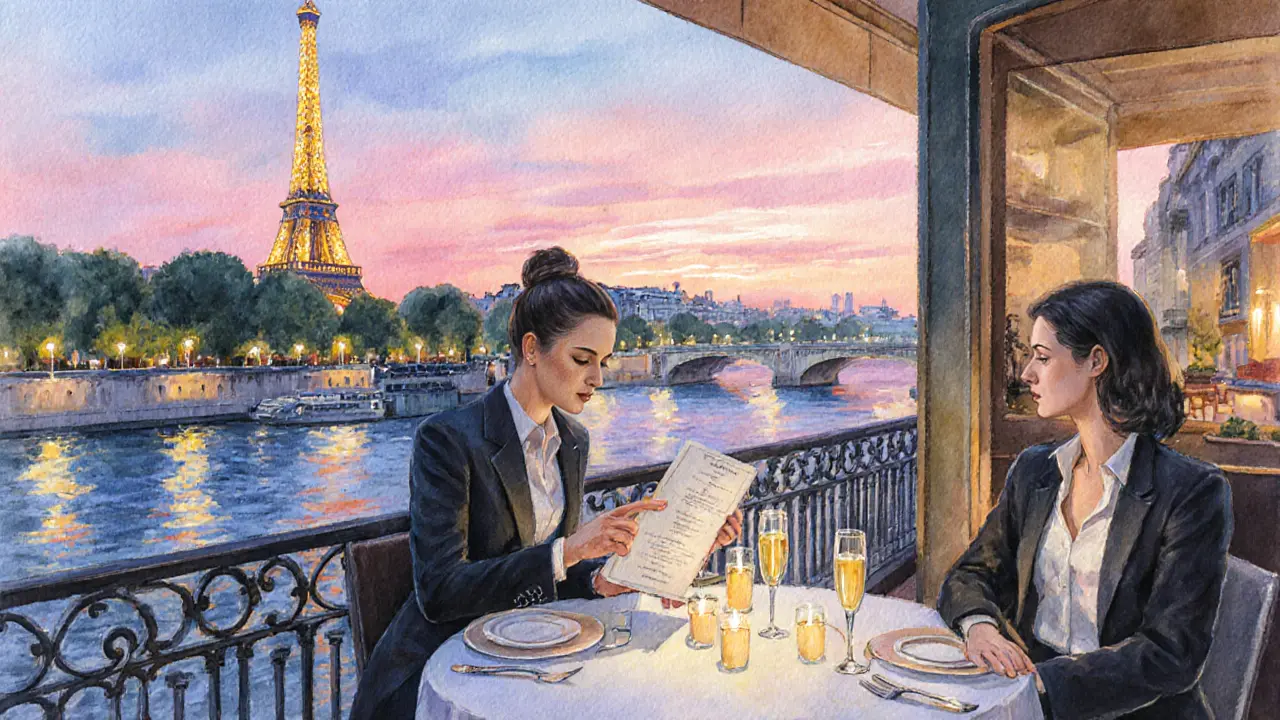 Escort and client enjoy champagne dinner on a terrace with Eiffel Tower view.