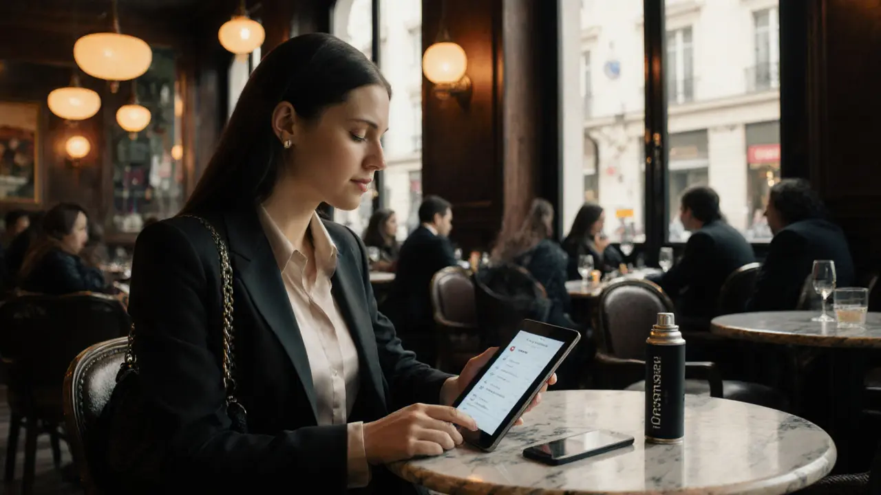Escort checking a client’s ID in a cozy Paris café while using a phone location app.