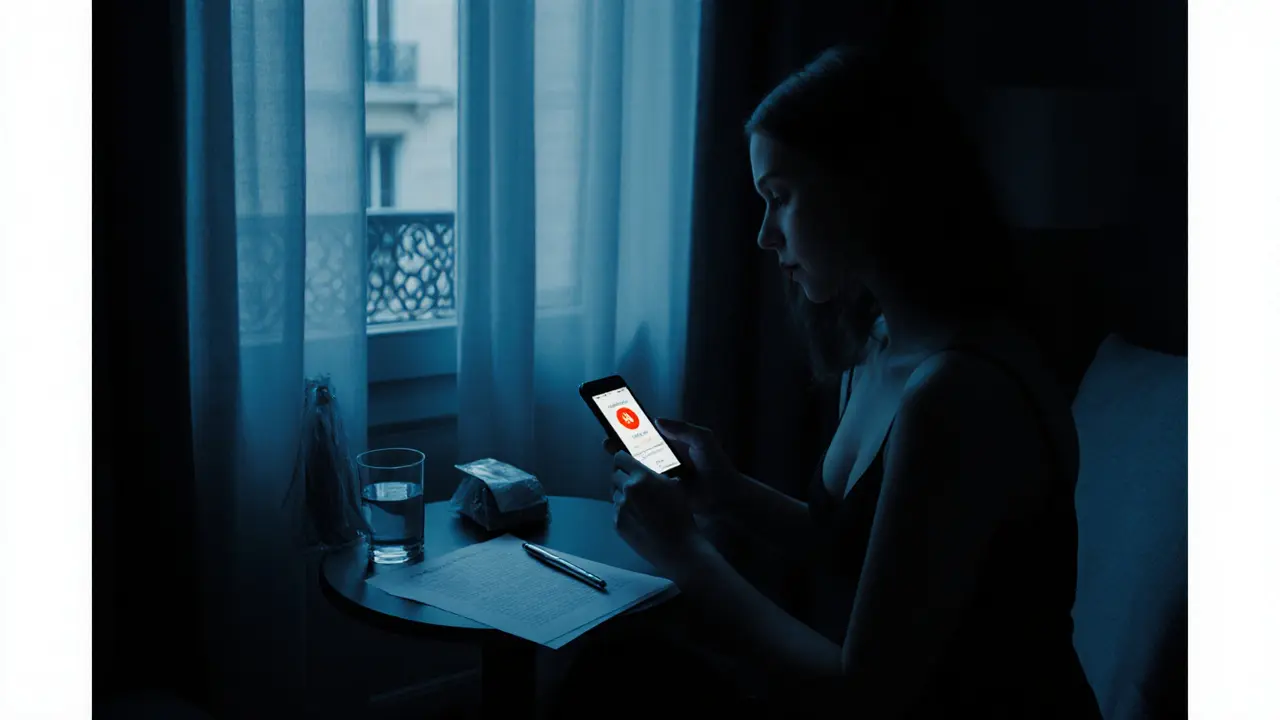 Escort reviewing a contract and safety app in a dim hotel room.