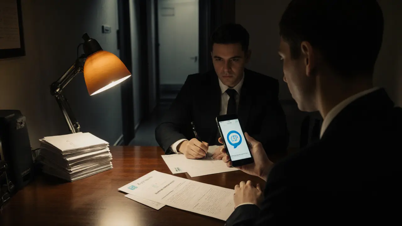 Escort worker reviewing registration forms and health report in a dimly lit office.