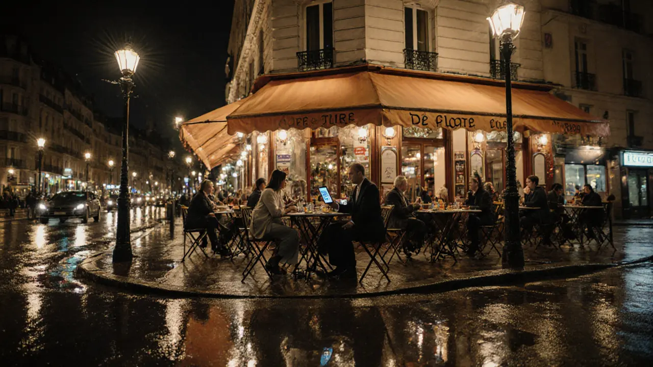 Evening view of a bustling Paris café where a client and escort sit together under streetlights.
