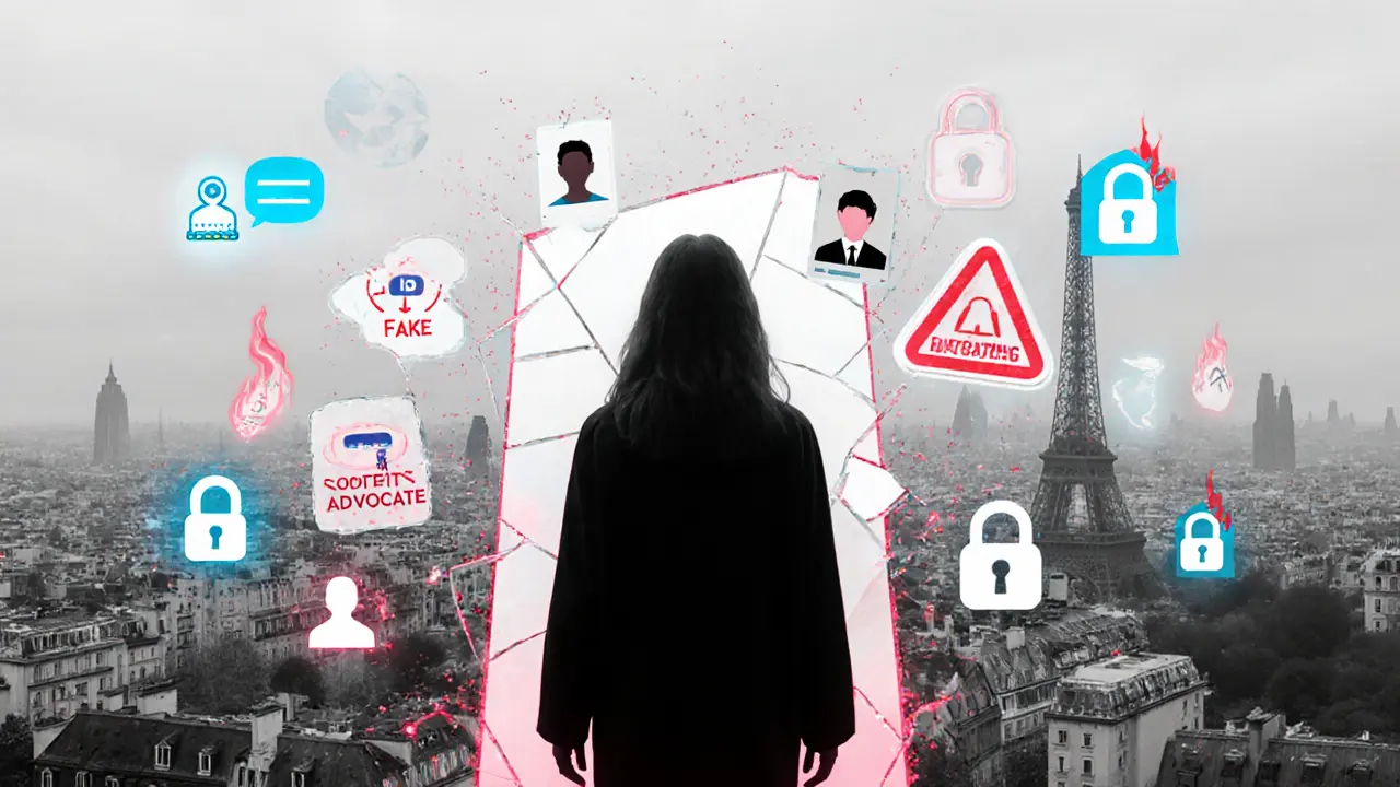 Figures in a fractured digital mirror representing roles of an escort, with AI bots and encrypted data floating around.