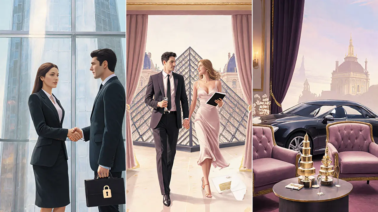 Five linked scenes showing business, cultural, discreet, travel, and luxury escort experiences in Paris.