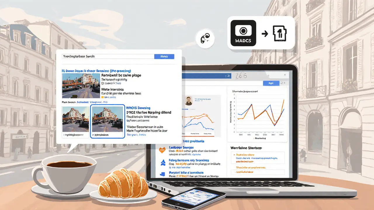 Flat lay of a café table with laptop displaying reverse image search and other verification tools.
