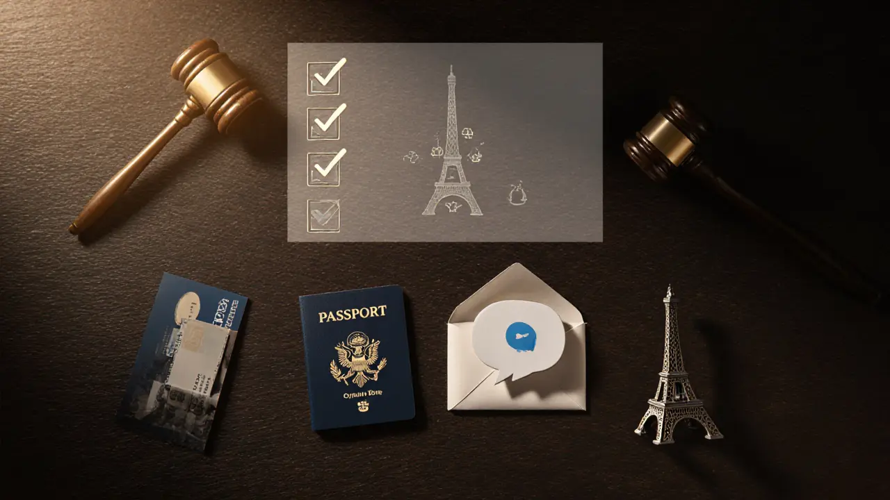 Flat lay of passport, cash, prepaid card, messaging app icon, gavel, and Eiffel Tower figurine.