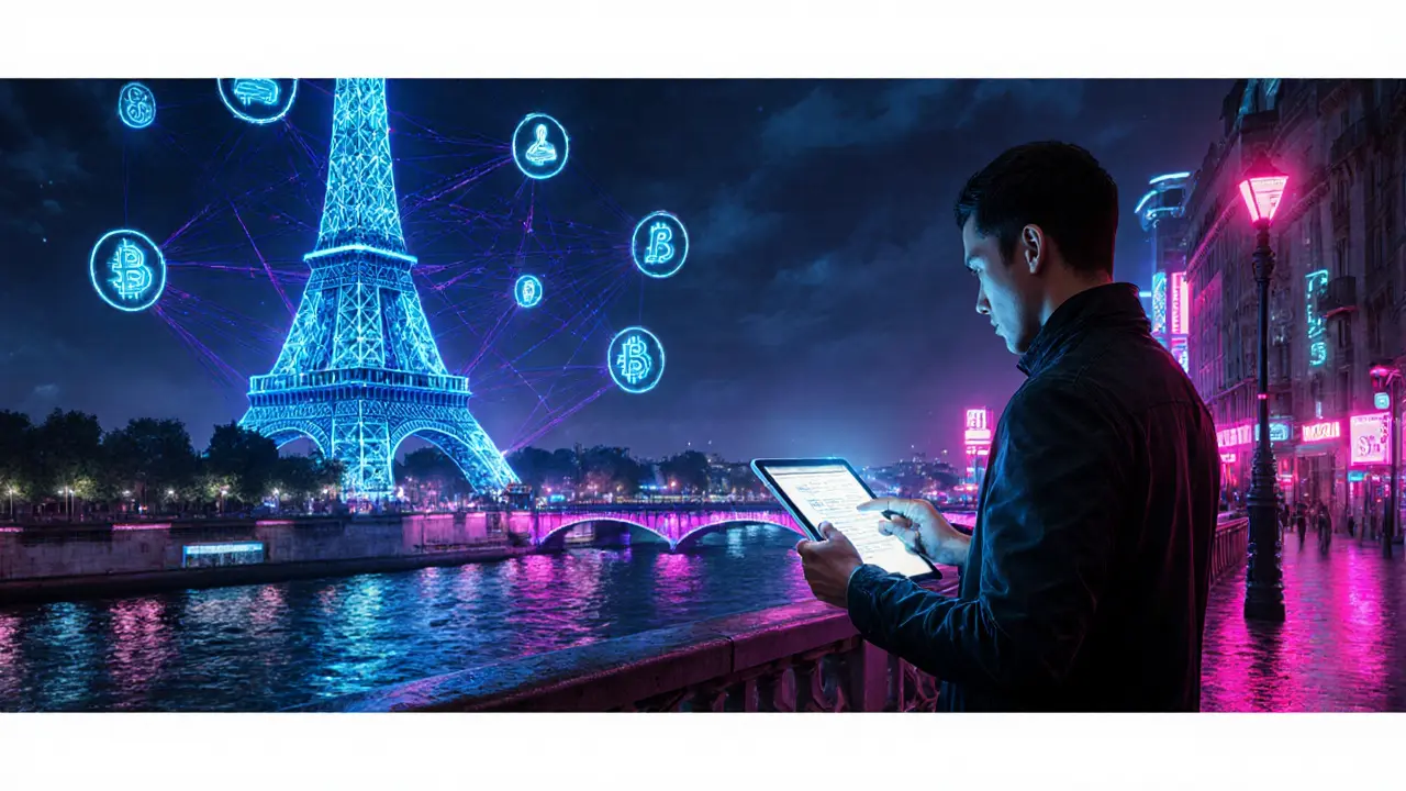 Futuristic Paris scene showing blockchain payment system for escort services.