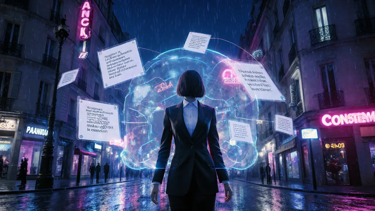 Futuristic Paris street with holographic literary AI assisting an escort, neon lighting.