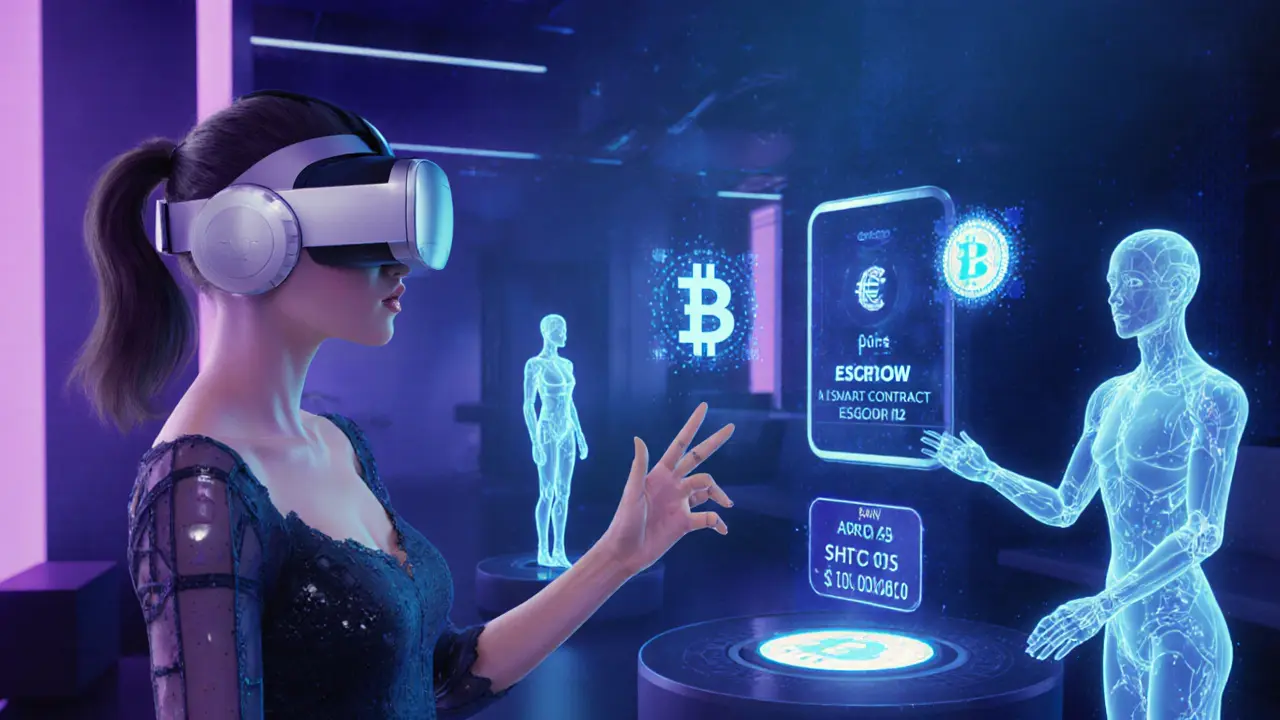 Futuristic VR lounge with holographic AI avatar and floating blockchain escrow symbols.