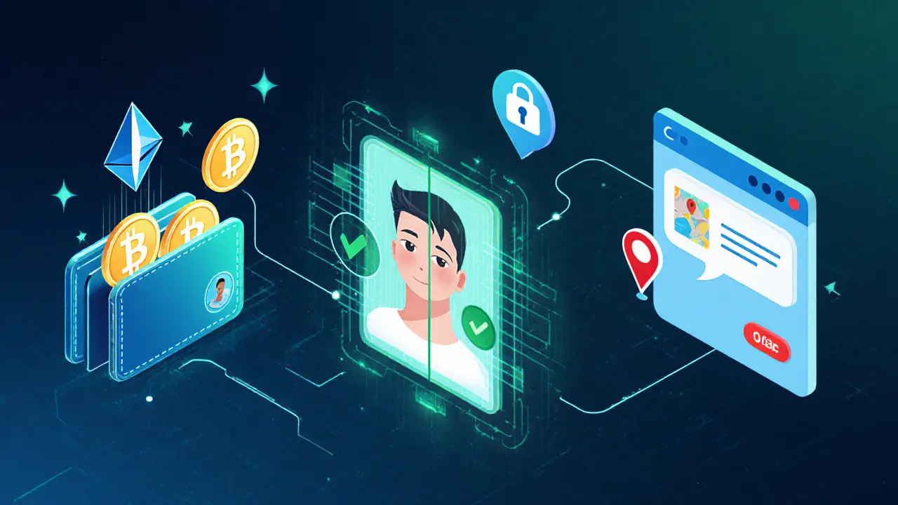 Illustration of crypto wallet, facial ID verification hologram, encrypted chat and panic button.