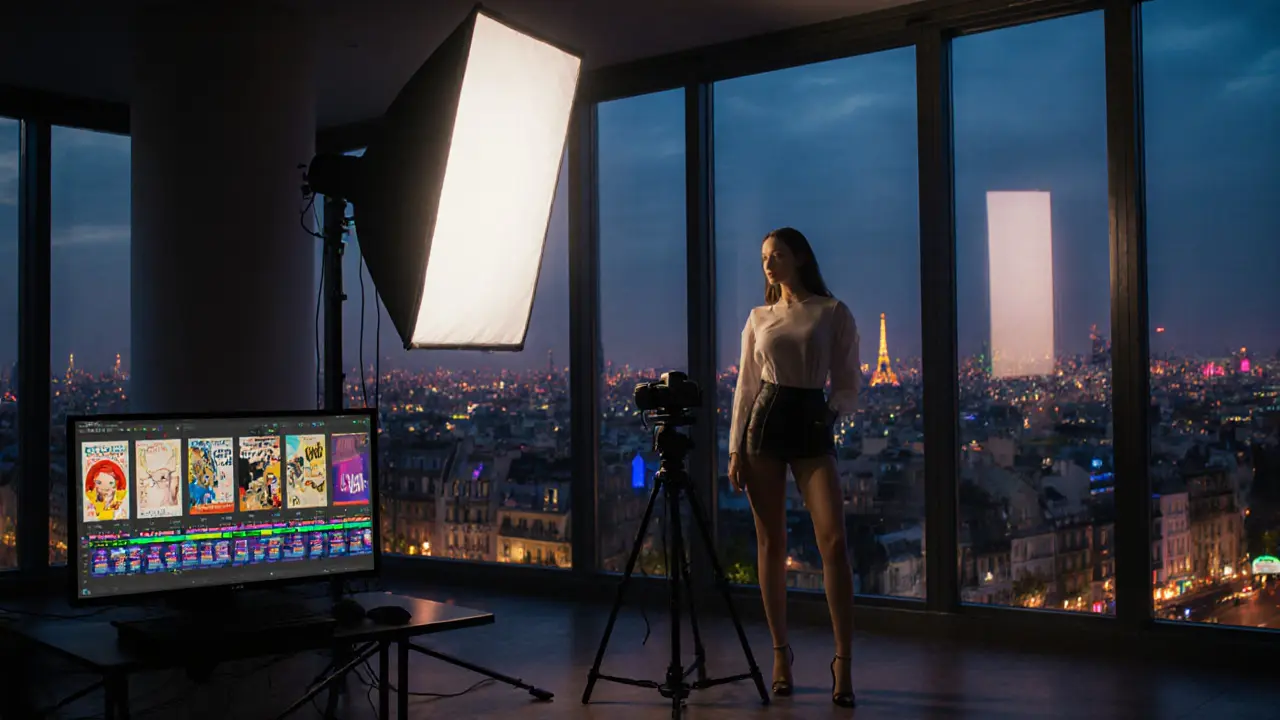 Modern loft with an escort filming a stylized video against a neon Paris skyline.