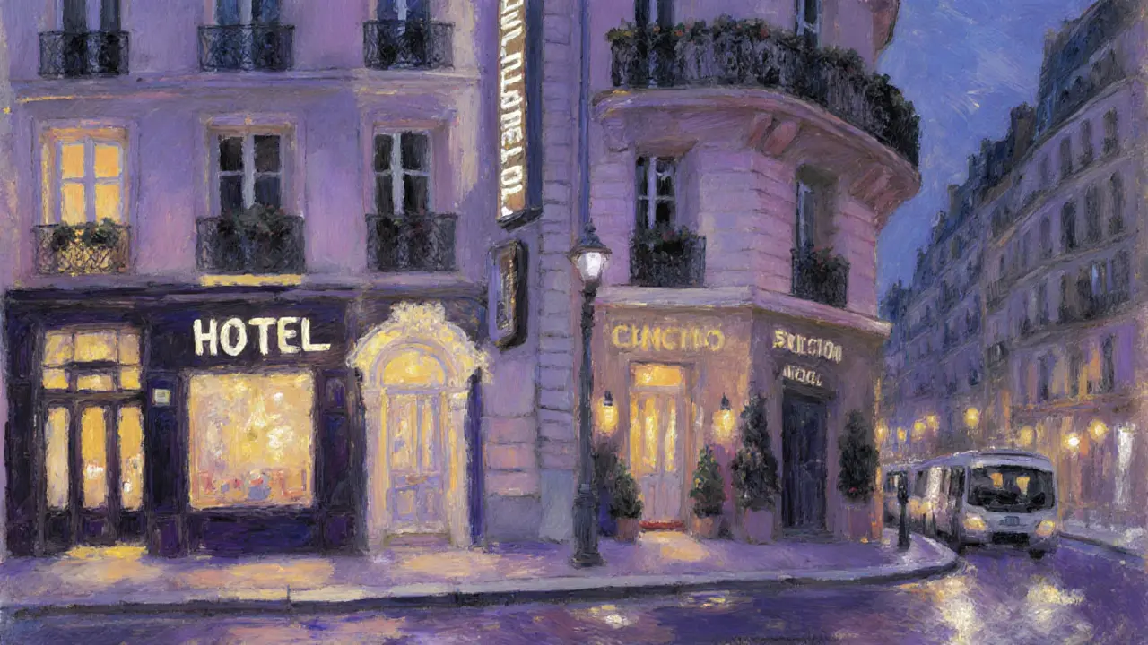 Nighttime Paris street showing discreet hotel exteriors in different districts.