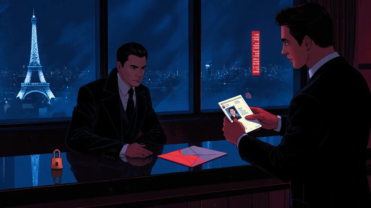 Noir hotel lounge with a client, escort showing ID, and subtle symbols of security and privacy.