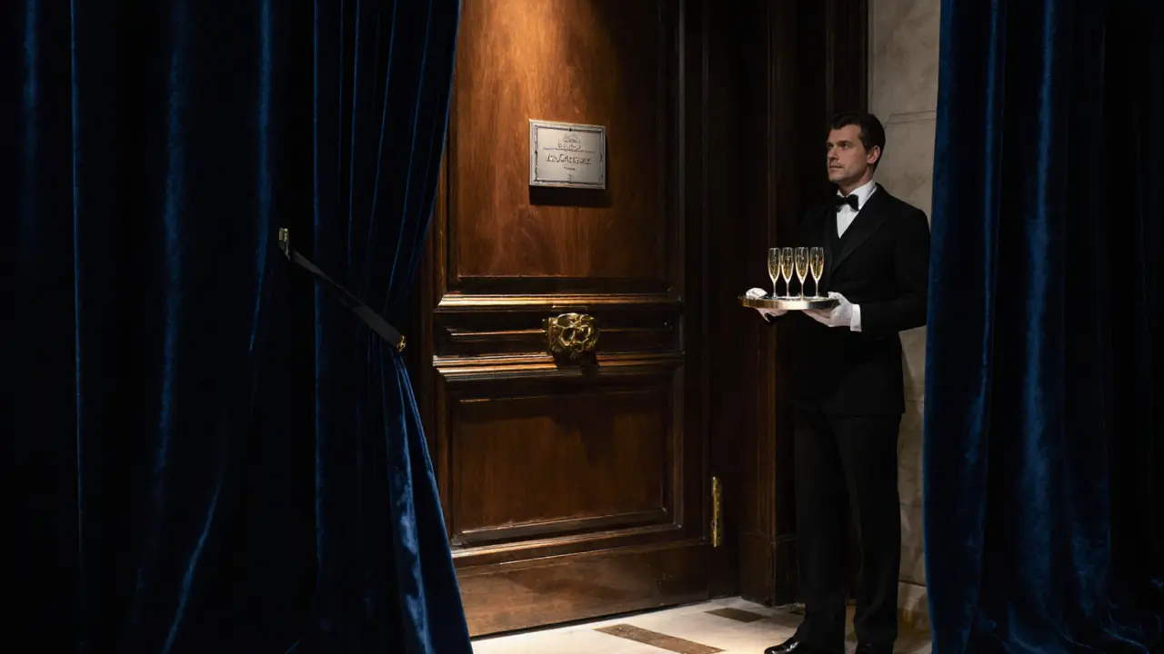 Private suite entrance at an upscale hotel with a butler holding a tray.