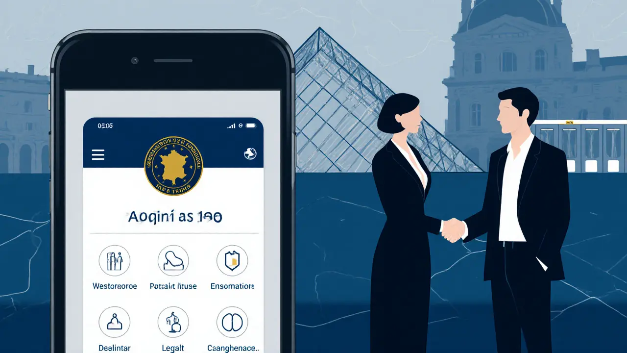 Silhouettes of escort and tourist shaking hands beside a registration badge and smartphone app icons.