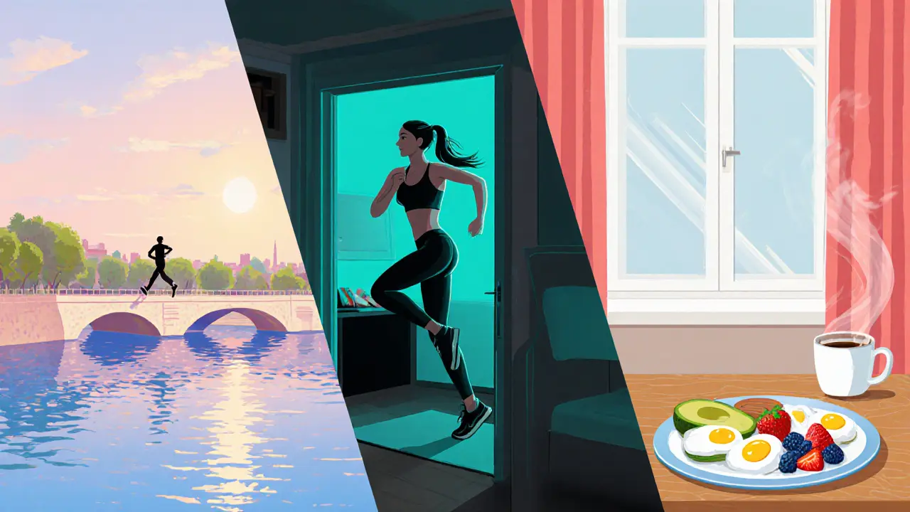 Split scene of jogging by the Seine, hotel HIIT workout, and colorful healthy breakfast.