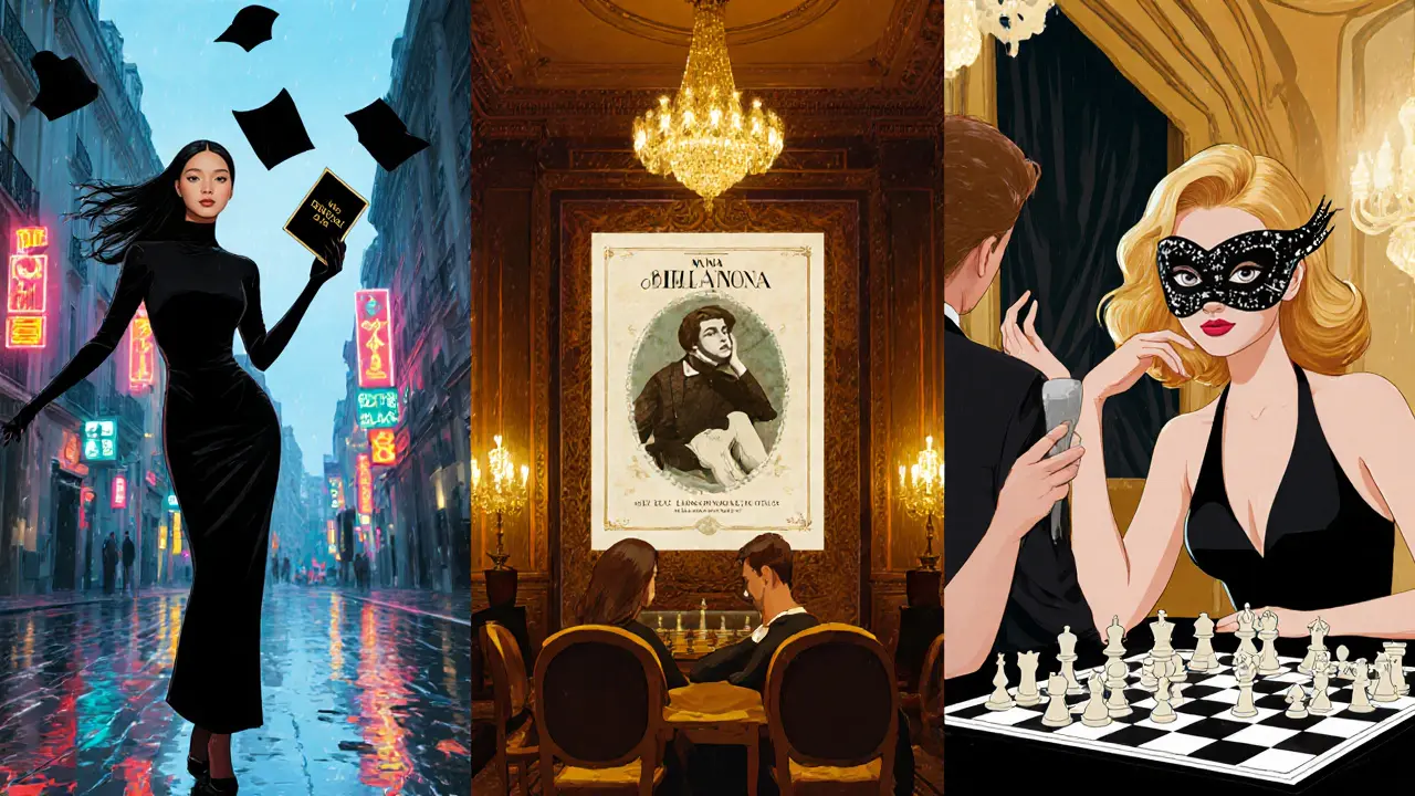 Three panels showing a woman linked to Les Fleurs du Mal, Nana, and Les Liaisons dangereuses.