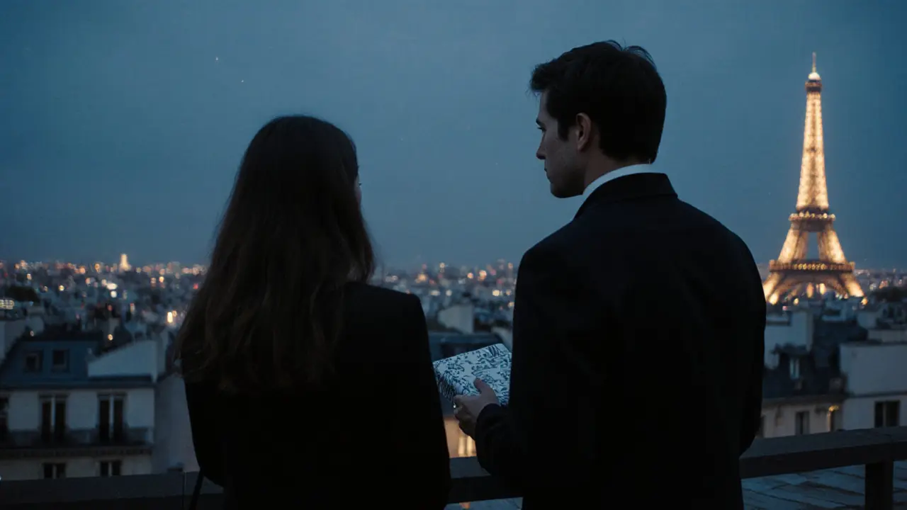 Two figures silently watching the Eiffel Tower sparkle from a rooftop at twilight.