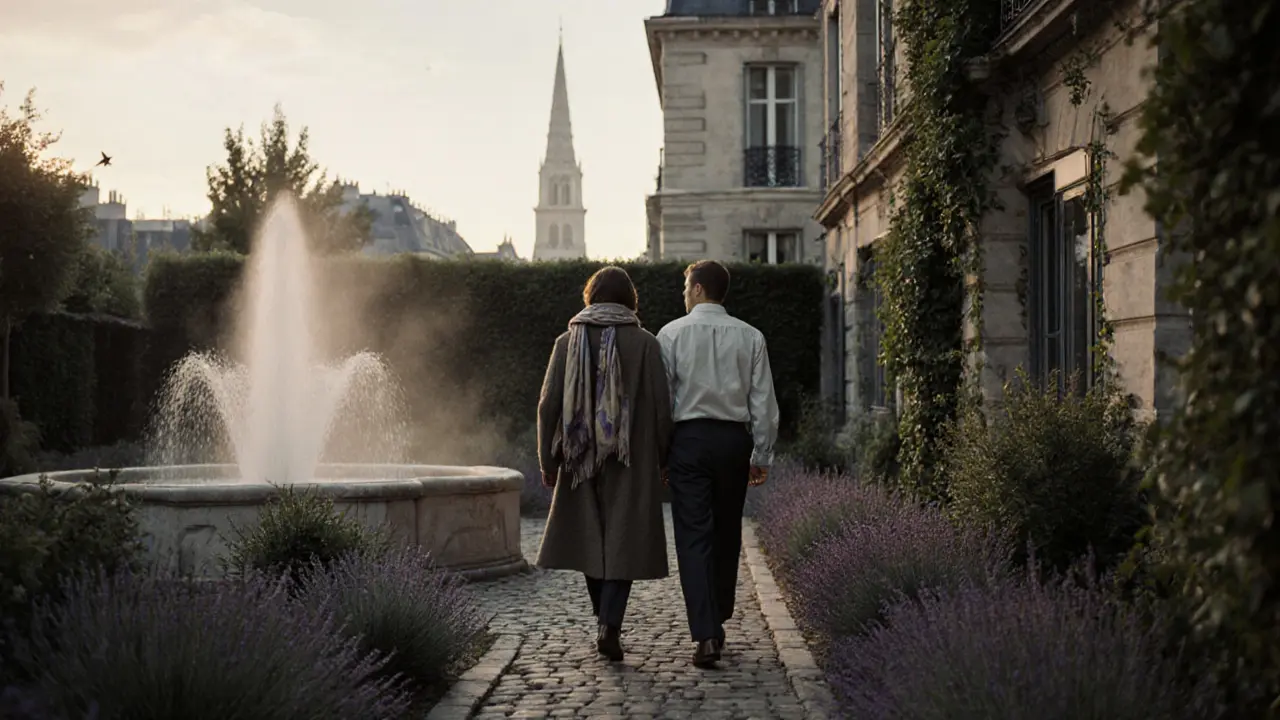Two figures walk peacefully through a misty garden suite at dawn, surrounded by lavender and cobblestones in serene luxury.