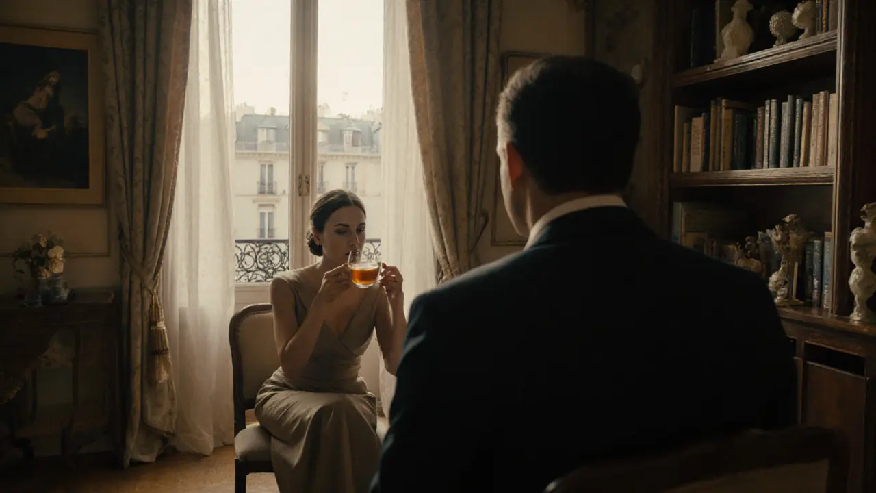 Two people silently sharing tea in a softly lit Paris apartment, no physical contact, only quiet presence.