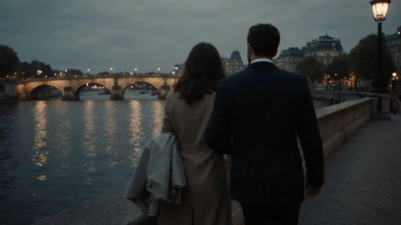 Two people walking peacefully along the Seine at sunset, the Eiffel Tower glowing in the distance.