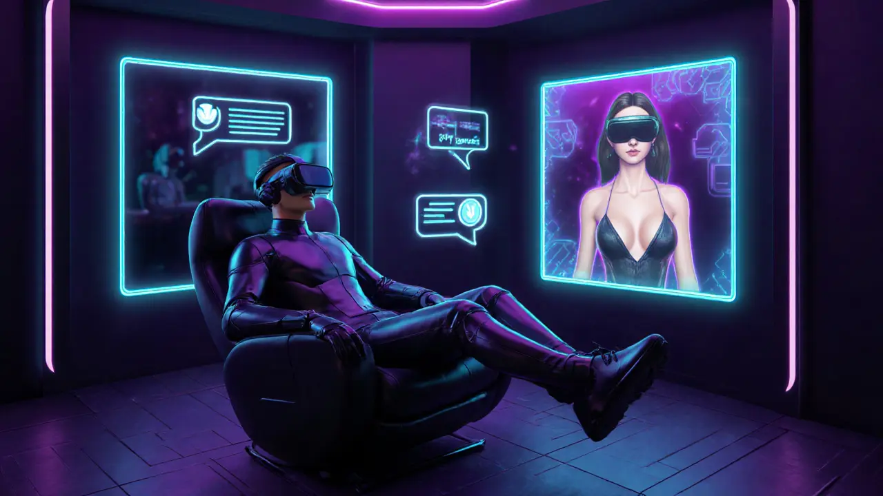 VR lounge scene with client in headset, haptic suit, and 3D escort avatar with AI chatbot UI.