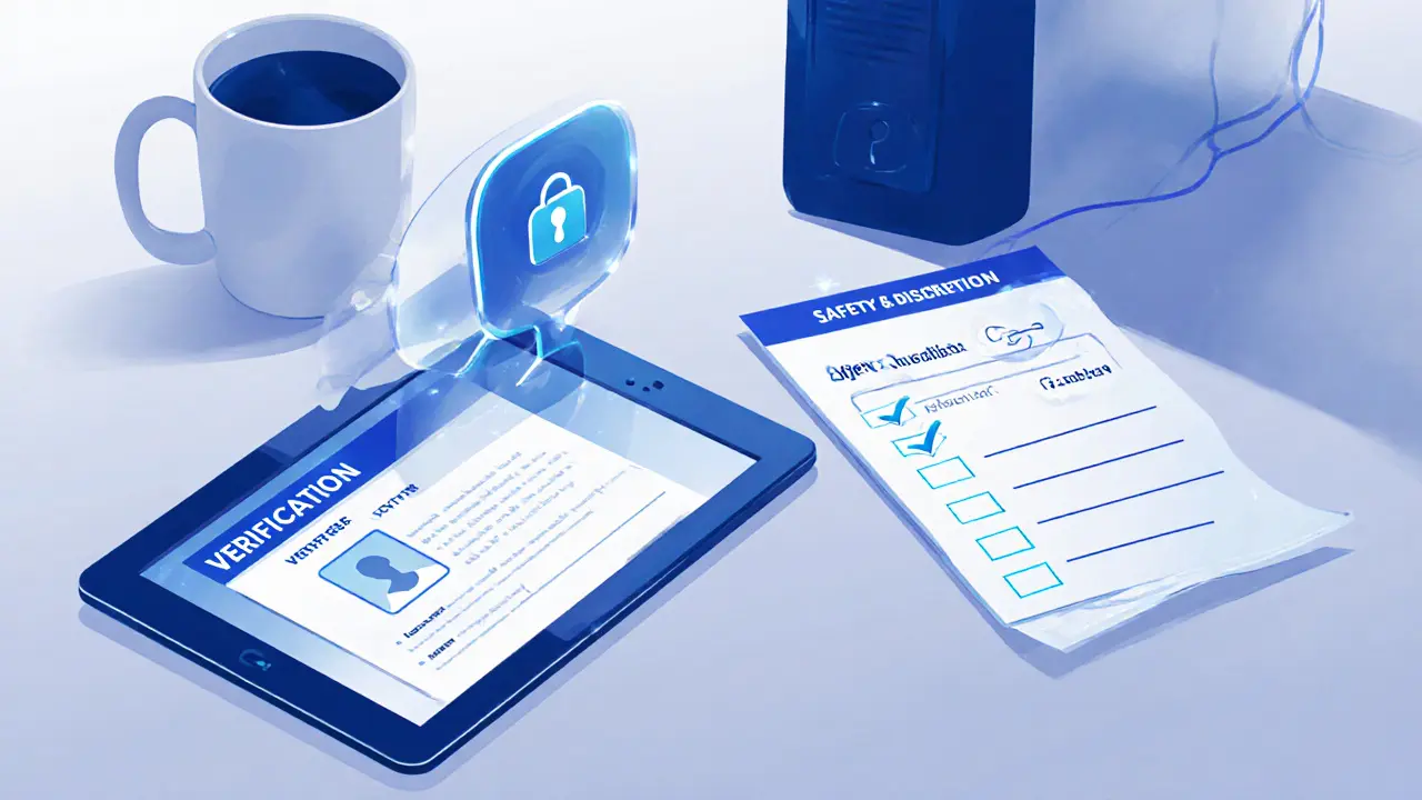 Workspace showing ID verification badge, encrypted chat, and safety checklist.
