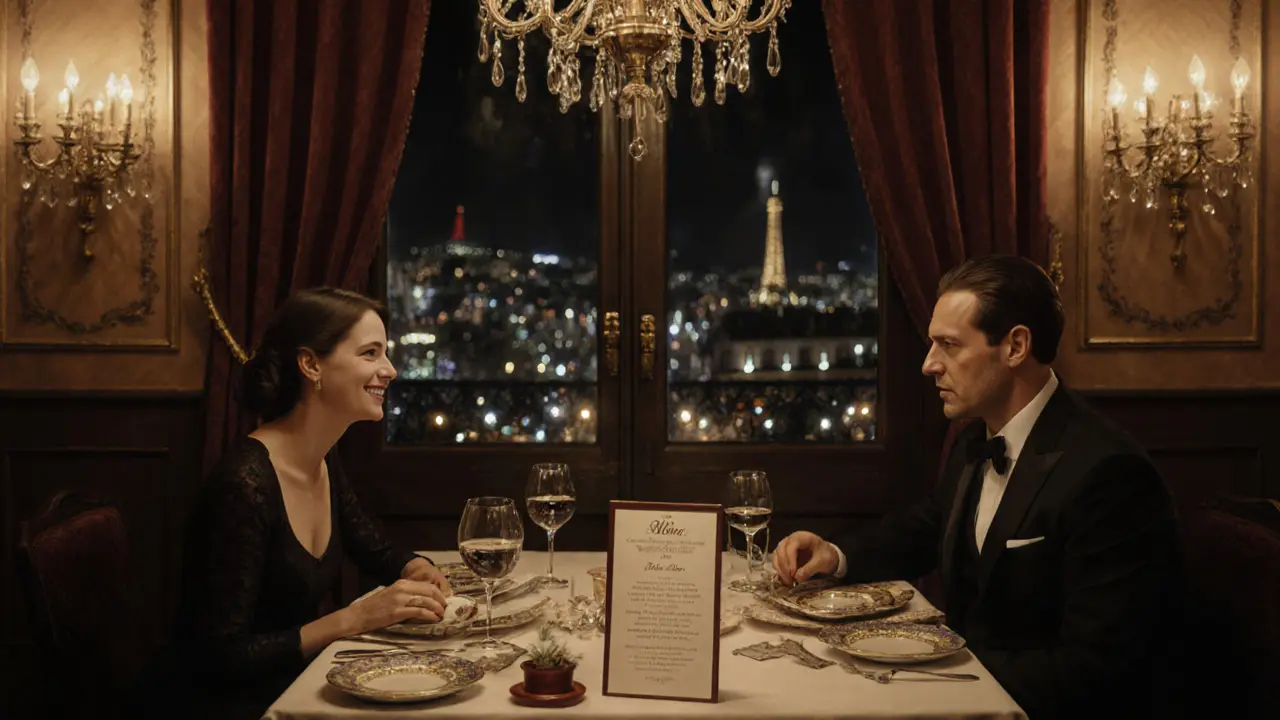 A couple shares a quiet dinner in a luxury restaurant with Paris lights visible through the window.