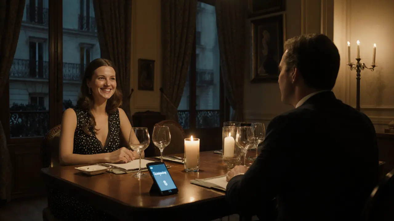 A couple shares a quiet dinner in a Paris apartment, no physical contact, candlelight glowing.