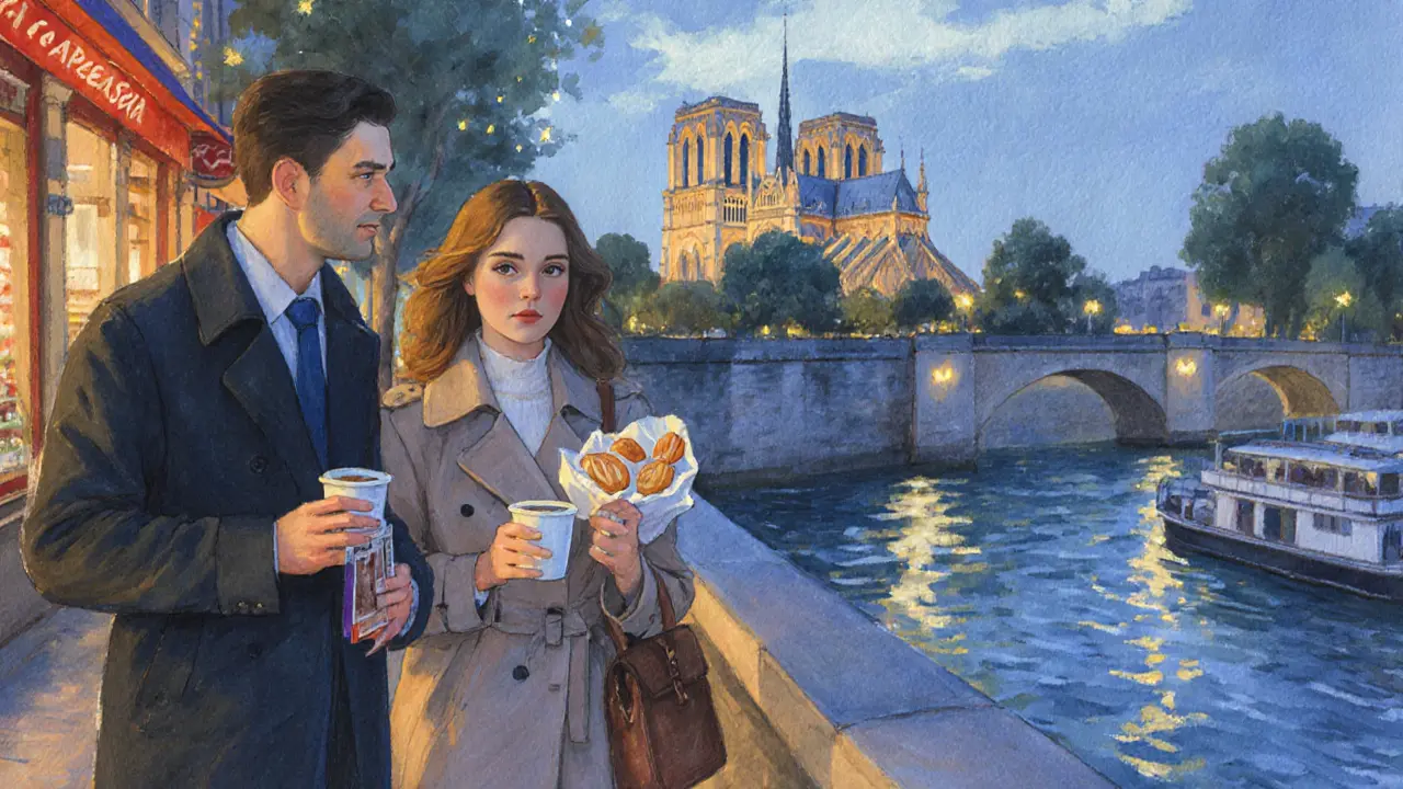 A couple walks along the Seine at dusk, coffee cups in hand, city lights reflecting on water.