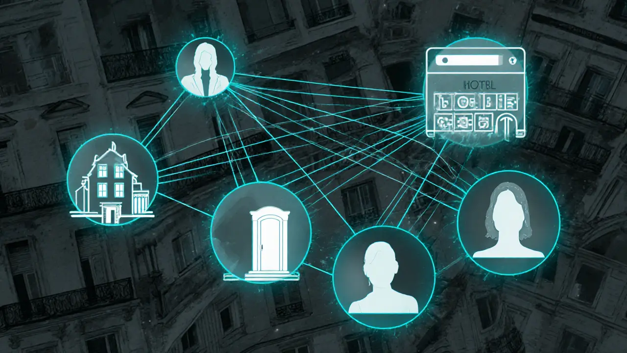A digital network of glowing connections linking anonymous profiles to discreet locations across Paris.