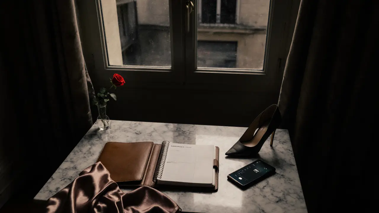 A discreet private apartment interior with a planner, phone, and rose on a marble table at night.